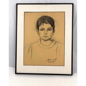 Vintage Pencil Drawing of Boy - Wall‎ Art Portrait 1990s OOAK